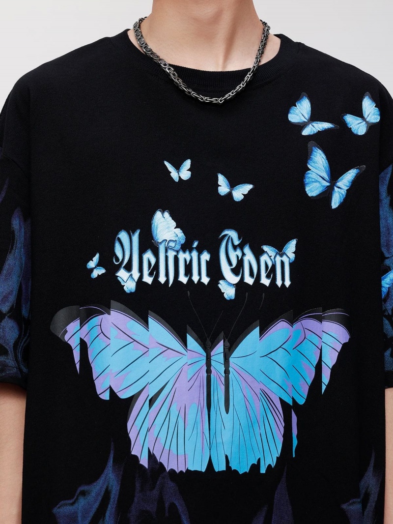 T Shirts Aelfric Eden Blue Flame Butterfly Tee Noir | NYA-07221823